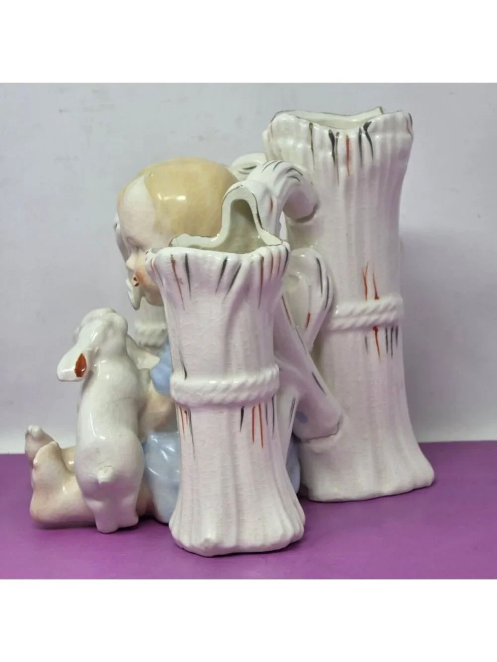 Vintage Made In Japan Baby‎ With Rabbits Ceramic Flower Vase Planter Figurine